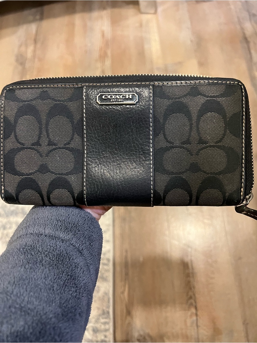Coach Black Signature Canvas Zip Wallet with Leather Trim